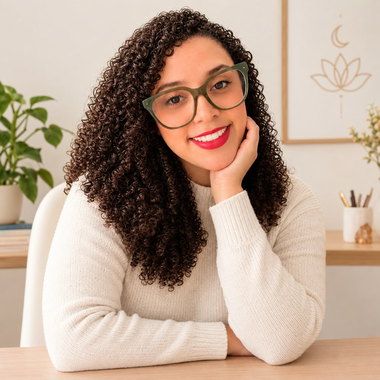 Karina Santos sorrindo, em ambiente natural